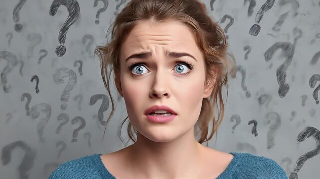 Concerned young woman with a worried expression against a backdrop of question marks