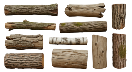 Antique, isolated set of old wooden logs with a blank paper sign on a textured brown timber board