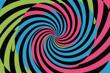 Colorful abstract spiral design with swirling lines and optical illusion effect on black background