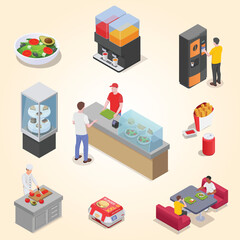 Isometric Detailed Fast Food Restaurant Interior Illustration with Customers