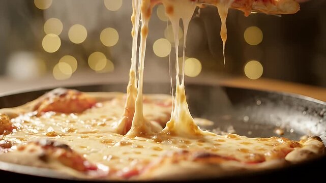 Close up of a hot and steamy cheese pizza slice being lifted, showing melted cheese strings