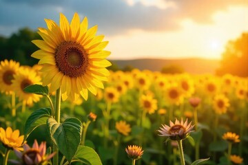 Vibrant sunflowers bask in the golden sunlight amongst a field of wildflowers, a breathtaking display of summer's beauty A stunning scene of nature's artistry , tranquil, yellow, flower