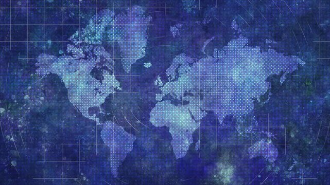 Loopable world map against grid and textured blue background, pulsing grunge surface, mottled and stained backdrop