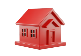 A bright red, stylized house model, isolated on a transparent background, representing concepts of homeownership, real estate, or property investment