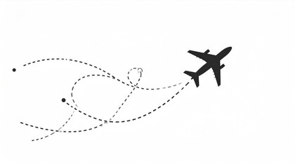Airplane in flight is tracked by a looping, dashed line against a white background, indicating path or travel route
