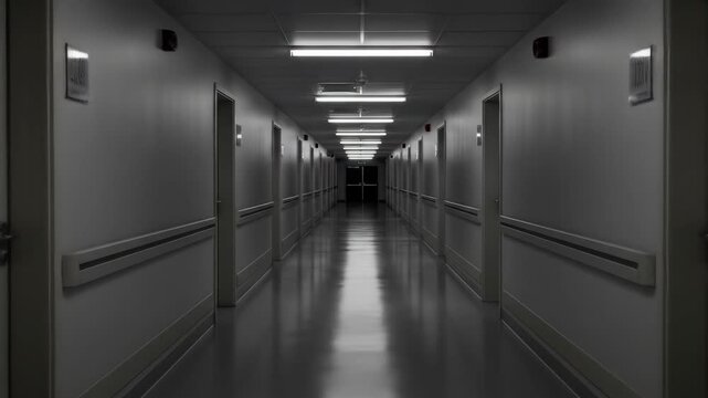 Long dark hospital hallway, lights reflecting on the floor, empty corridor, interior architecture, with rows of doors, and fluorescent light. Spooky scene.