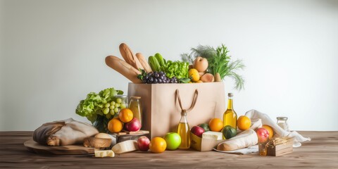 A premium grocery basket with a paper bag filled with fresh vegetables, fruits, bread, cheese, and olive oil bottles arranged on a wooden table against a light background.