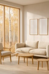 Two mockup poster frames in modern minimalist living room interior with beige sofa, wooden furniture, and autumn forest view through large window