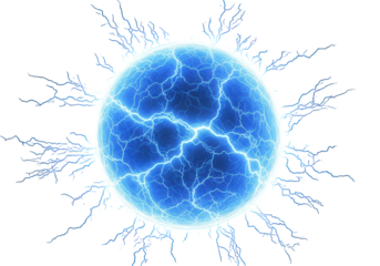 A glowing blue sphere with crackling energy and lightning bolts emanating outwards, isolated on a transparent background