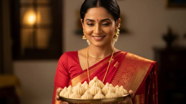 Celebrating Ganesh Chaturthi: A Beautiful Woman Presents Traditional Modak Sweets