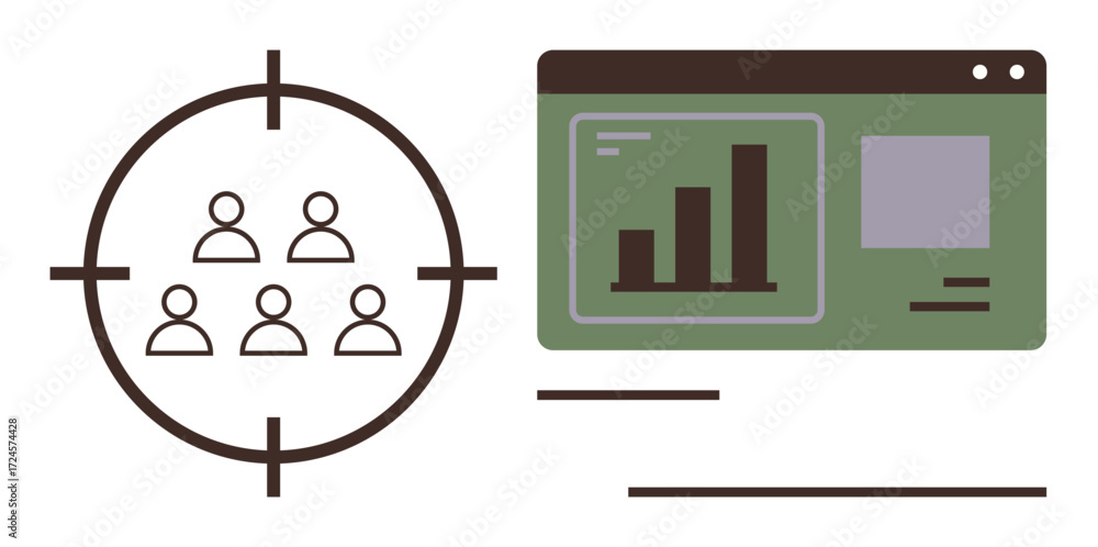 Poster group of people in a focus target and analytics dashboard with charts. ideal for audience segmentati