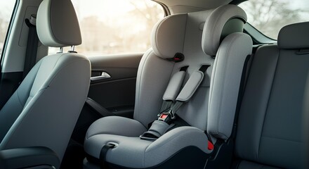 Child seat in back of car, baby car seat secured in rear passenger place, concept of child safety, infant protection, safe family travel and modern vehicle interior design