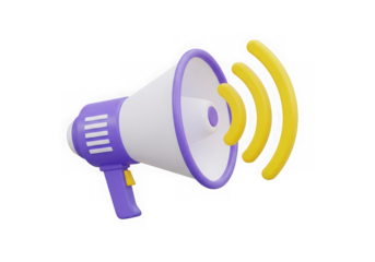 3d icon of purple and white megaphone with yellow sound waves isolated on transparent background
