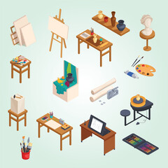 Isometric Artistic Atelier Equipment and Supplies Illustration for Creative Workshop