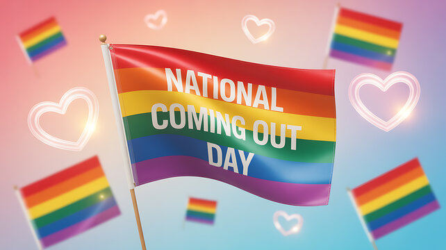 Rainbow flag with 'National Coming Out Day' text, surrounded by hearts and flags on a colorful background