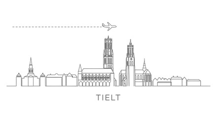 Naklejka premium Tielt with Belgium Skyline, Line Art, and Airplane.