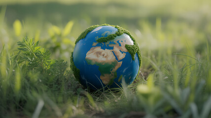 A globe covered in moss rests on a grassy field, symbolizing environmental harmony and nature's embrace of the Earth.