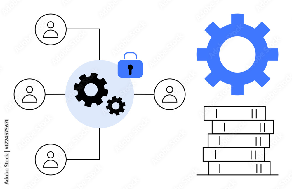 Poster network of people linked to gears with lock symbol for data security, cogwheel, and database stacks.