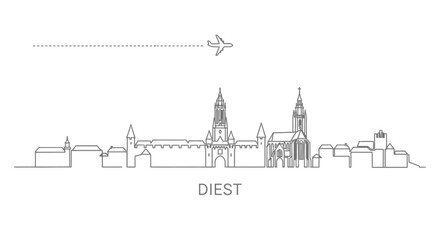 Diest Skyline Line Art with Plane, and Minimal.