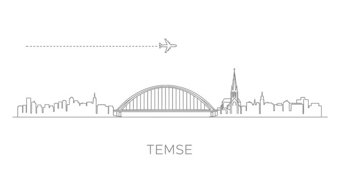Temse Skyline Lineart with Plane.