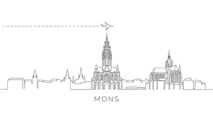 Fototapeta premium Mons Skyline Belgium city line art Plane.