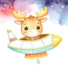 Cute moose in a rocket ship, watercolor style, cosmic background