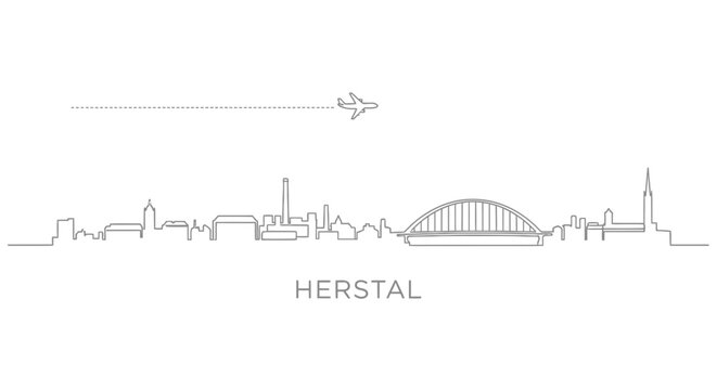 Herstal skyline with minimal line drawing, and airplane.