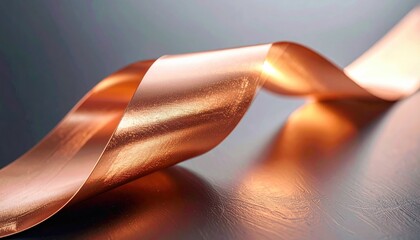 A copper strip, twisting and curving against a muted dark background, catches the light and emphasizes the glossy texture of the metallic surface