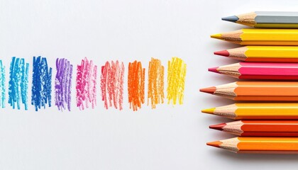 A row of colorful pencils lie near scribbled strokes across a white surface, creating a vibrant spectrum of hues