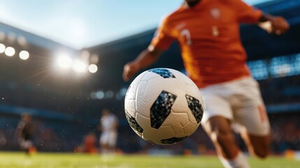 Dynamic soccer match captured in a stadium, showcasing sportsmanship and athletic action with ball
