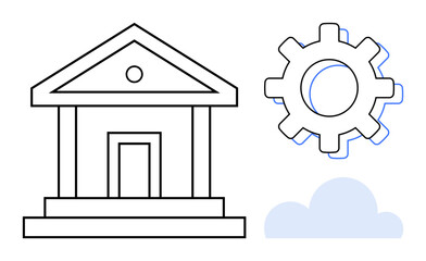 Government building with gearwheel and cloud. Ideal for governance, innovation, technology, digital systems, modernization, data storage, and teamwork. Minimalist flat metaphor