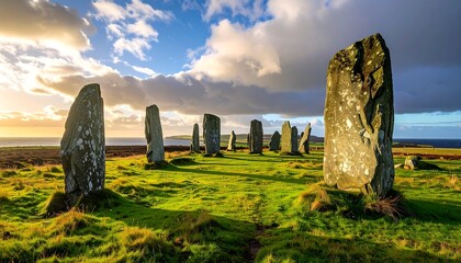 Ancient stones stand sentinel on a grassy hillside under a dramatic sunset