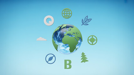 Illustration of Earth surrounded by environmental symbols including leaves, trees, and global icons against a blue gradient background