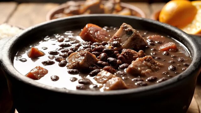 Delectable Feijoada, a Hearty Brazilian Black Bean Stew with Pork, Served with Rice and Greens