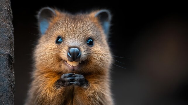 Delightful quokka portrait capturing its endearing smile and curious gaze in natural setting