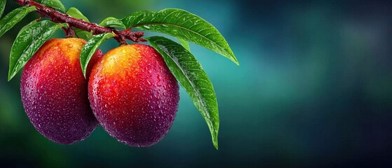 Obraz premium Two plums hang on a branch, covered in water droplets on blurred backdrop