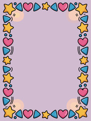 Cute hand drawn frame border decorated with stars hearts and triangles in bright colors