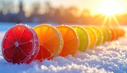 A gradient of sugary fruit slices laid in snow catches the sun's golden light. The bright oranges and reds contrast with the white landscape
