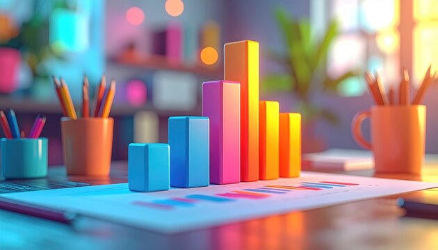 Colorful bar graph model on report, with pencils and desk in the background. Soft, blurred, bright colors in an office atmosphere - Powered by Adobe