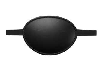 A black leather eye patch with elastic straps, isolated on a transparent background, symbolizing vision impairment, medical treatment, or costume accessory for halloween or roleplaying