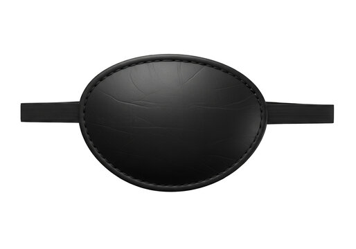 A black leather eye patch with elastic straps, isolated on a transparent background, symbolizing vision impairment, medical treatment, or costume accessory for halloween or roleplaying