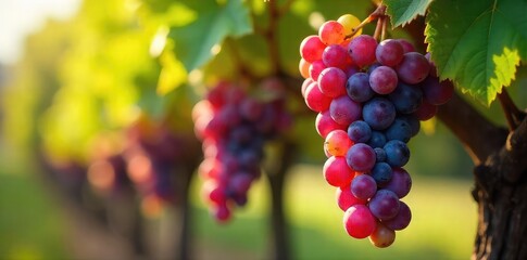 Fototapeta premium Sunlight streams through leaves onto ripe bunches of grapes hanging heavy on the vine, ready for harvest A scene of autumnal abundance and the promise of wine , grapevines, grapes