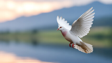 Obraz premium White dove in flight over a serene lake with mountainous background at sunset