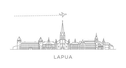 Fototapeta premium Lapua City Skyline Outline with Airplane and Flight Path