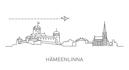 Fototapeta premium H?meenlinna Skyline with Castle and Plane in Minimalist Line Art Style