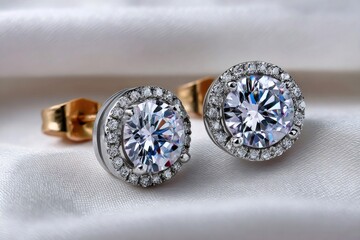 Pair of diamond earrings resting on white silk cloth