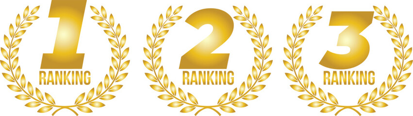 Gold Ranking Badges &ndash; 1st 2nd 3rd Place Vector Laurel Medals for Awards, Competitions, and Certificates