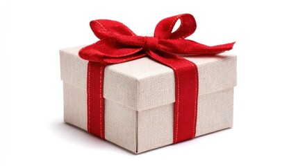 Obraz premium Elegant white gift box with red ribbon and bow, ready for celebration or surprise.