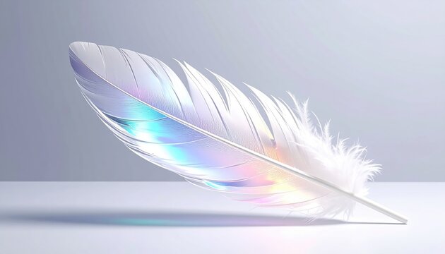 Soft, iridescent feather resting diagonally on a shiny, grey surface, reflecting light and casting a subtle shadow