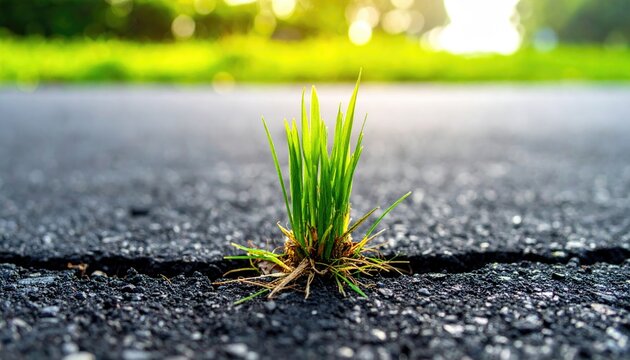 A resilient tuft of green grass emerges from a crack in dark asphalt, backlit by a soft, blurred green and yellow bokeh background - Powered by Adobe